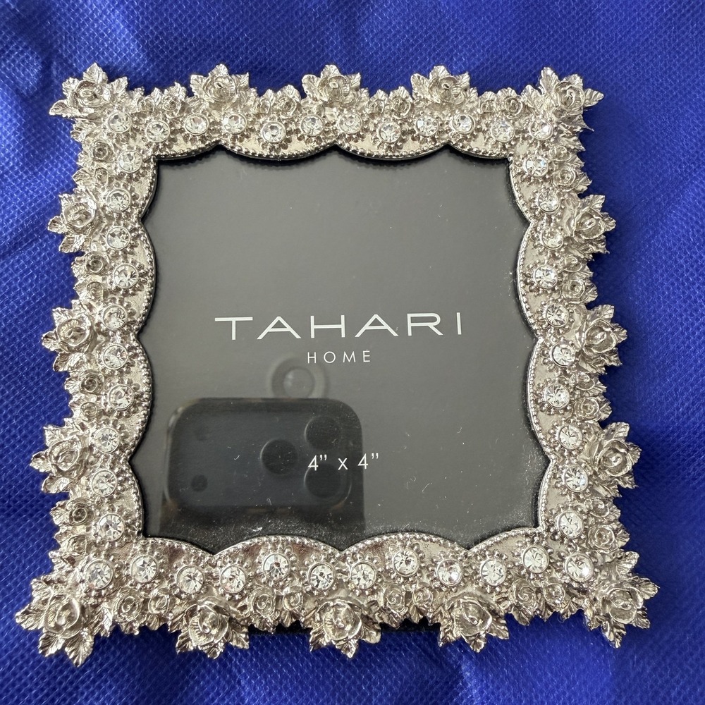 Tahari Home Picture Photo Frame 4x4 Silver Jeweled Rose Floral Tabletop Decor